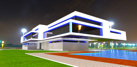 Bright night lights around the contemporary private estate with blue LED illuminated window frames. Big pool on the territory. 3d rendering.の写真素材