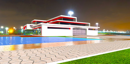 Bright lights of the city behind the contemporary private mansion with red LED facade elements at nighttime. Glowing pool surface. 3d rendering.の写真素材