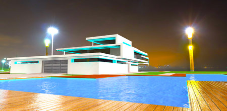 Big night lights on the territory of the contemporary estate with pool. Distant foggy city on the background. 3d rendering.の写真素材