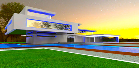 Blue night illumination of the modern property exterior. Distant sunrise is on the background. 3d rendering.の写真素材