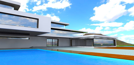 Look of the porch from the swimming pool. Elite country living for rich families. 3d rendering.の写真素材