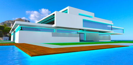 Luxury design of the elite property with pool. Decked area around. Flat roof and large panoramic windows. 3d rendering.の写真素材