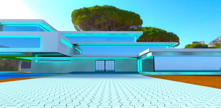 Pavement made of concrete plates in front of the stylish property with glass facade and turquoise glowing LED elements as a day decor. 3d rendering.の写真素材