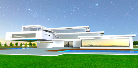 Front view of the advanced private property at night against the starry sky. Huge illuminated windows. Glowing facade elements. 3d rendering.の写真素材