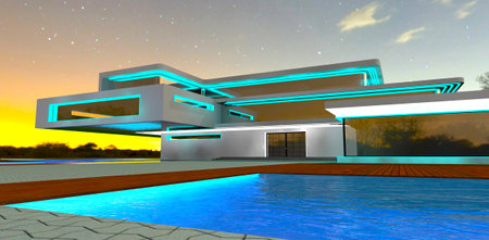 Night view of the entry to the contemporary property. Turquoise exterior illumination. 3d rendering.の写真素材