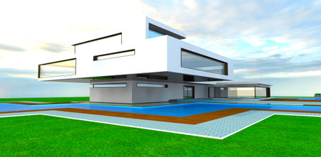 New design of the white facade modern house with large swimming pool on the territory. Spacious terraces on the flat roof. 3d rendering.の写真素材