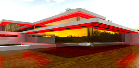 Night terrace of the stylish suburban house. Red illumination reflected of the decked floor. 3d rendering.の写真素材