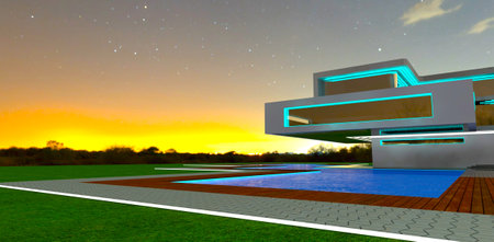 Orange sunset behind the advanced estate with turquoise illumination. Glowing pool surface. 3d rendering.の写真素材
