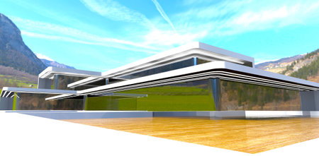 Newly designed concept of the spacious decked terrace on the roof of the contemporary elite property with glass mirror facade in the mountains. 3d rendering.の写真素材