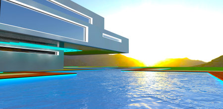 Magic sunrise behind the mountains. View from the pool surface. The territory of the elite contemporary villa. 3d rendering..の写真素材