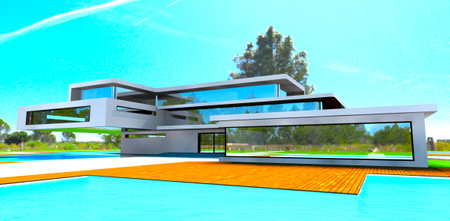 Model of the stylish suburban property with wide swimming pools on the territory. White facade and spacious terraces. 3d rendering.の写真素材