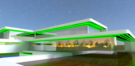 Green LED decor of the private villa exterior at nighttime. Reflection of town lights in huge panoramic window on the decked terrace. 3d rendering.の写真素材