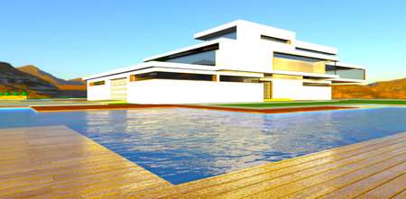 Light brown decking around the pool near the advanced property recently constructed in the sunny mountains. 3d rendering.の写真素材