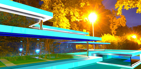 Lights of the autumn park on the territory of the contemporary mansion specially designed for elite client. 3d rendering.の写真素材