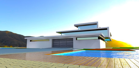 Rising sun behind the stylish suburban cottage built in the mountains. View of the garage with lifting automatic gate. 3d rendering.の写真素材