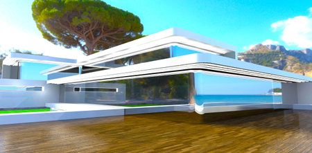 Two level decked terrace with glass panoramic facade reflecting the tropical mountains landscape. Good advertisement banner for real estate seller. 3d rendering.の写真素材