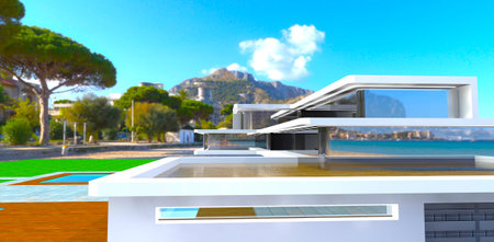The view of the contemporary decked terrace on the rooftop of the luxury villa designed for the rich unknown person from Miami. 3d rendering.の写真素材