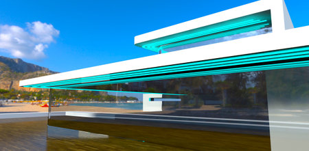 The model of the contemporary estate with glass facade with view of the ocean sand beach on the tropical island. Spacious decked terrace. 3d rendering.の写真素材