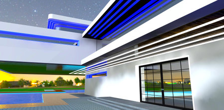 Swing glass entry door to a contemporary private mansion. LED illuminated facade elements increase the attractiveness of real estate at nighttime. 3d rendering.の写真素材