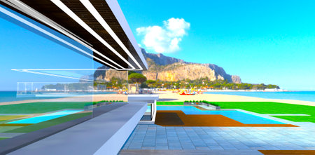 The beautiful island reflected in the glass exterior of the luxury property newly built on the Black sea shore in Turkey. 3d rendering.の写真素材