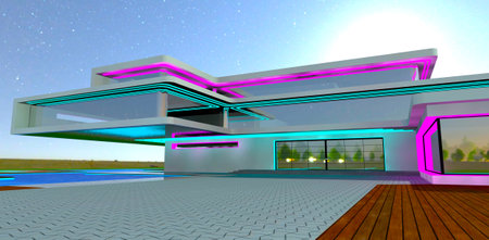 Trend design of the suburban elite property. Bright illumination of the glass facade. Starry mooney sky above. 3d rendering.の写真素材