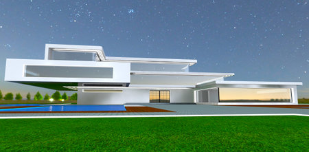 Reflection of summer starry night sky in large panoramic windows reflecting the environment. 3d rendering.の写真素材