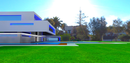 Side view of the newly constructed mansion with white plaster facade and glowing LED elements as a day decor. Old cottages on the background. 3d rendering.の写真素材