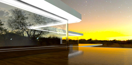 View of the distant sunrise form the decked rooftop terrace of the modern mansion with reflective glass exterior. 3d rendering.の写真素材