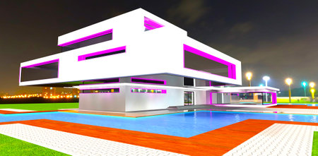 Purple illuminated windows frames of the advanced newly built house. Night lights and pools around. 3d rendering.の写真素材