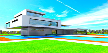 Trace of an overflying aircraft in the sky above the contemporary suburban mansion with pool. 3d rendering.の写真素材