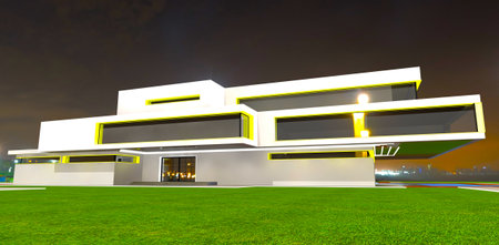 Yellow long LED stripes as a windows frames illumination. Night decor of the contemporary real estate. 3d rendering.の写真素材