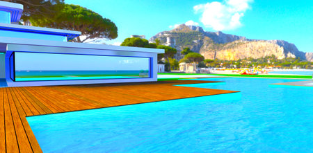 View of the big rock from the decked area near the pool in the yard of the private villa located on the tropical island. 3d rendering.の写真素材