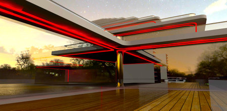 Night view of the contemporary terrace. Decked floor reflected in glass facade with red glowing elements. 3d rendering.の写真素材
