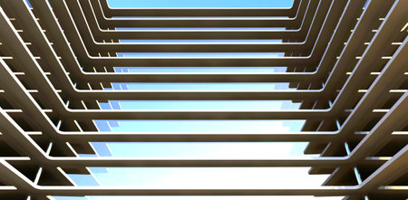 Bottom view from the yard of the modern u-shape apartment building with glass exterior. New design of the engineer from Amsterdam. 3d rendering.の写真素材