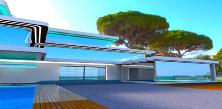 Smooth glass facade of the newly designed luxury mansion on the tropical island in the ocean. 3d rendering.の写真素材