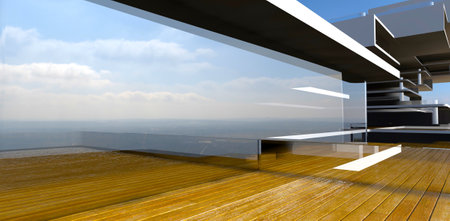 Unreal architecture. The spacious decked balcony of the luxury apartment with panoramic window reflecting high clouds. 3d rendering.の写真素材