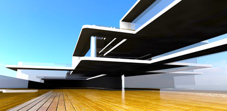 The abstract concept of the decked terrace. Futuristic apartment building with mirror facade. 3d rendering.の写真素材