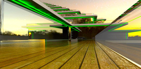 Wooden floor of the eco-friendly terrace fenced with glass. Mirror facade of the luxury apartment building at night. 3d rendering.の写真素材