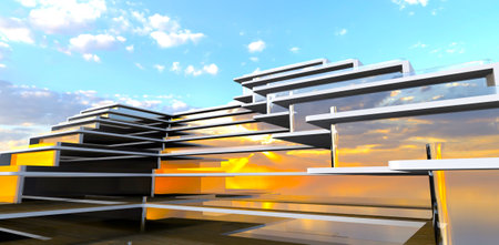 Sun shining through clouds reflected on glass exterior of the contemporary mansion in Arizona. 3d rendering.の写真素材