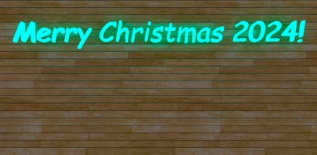 Merry Christmas 2024 written on the board by glowing turquoise letters. Good template for New Year post card. 3d rendering.の写真素材