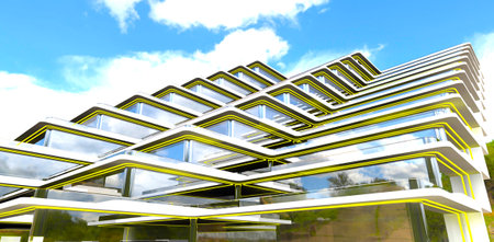 Yellow LED glowing stripes underline the straight lines of the contemporary facade design of the low-rise apartment building. 3d rendering.の写真素材
