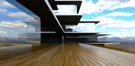 Straight parallel boards on the floor of the spacious terrace of the modern property in the suburbs of Las Vegas. 3d rendering.の写真素材