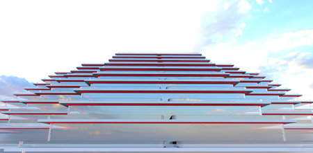 Newly constructed apartment property with stair form of the glass facade. Fenced terraces as a bonus. 3d rendering.の写真素材