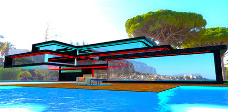 Luxurious private mansion overlooking an exclusive beachfront village on the Mediterranean coast. 3D...