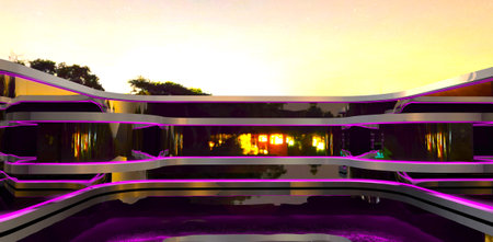 3D rendering of the interior of a modern building with neon lightsの写真素材