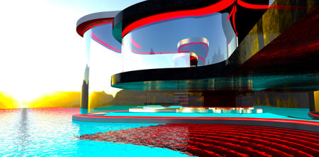 Magnificent sunrise over a turquoise lake. Red lighting under the steps submerged in water. Glass facade of a mountain spa salon. 3D rendering.の写真素材