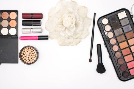 Make up products and accessories on white backgroundの写真素材