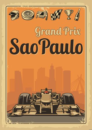 Set symbols - racing sport car  cup, helmet, finish flag, wheel, champagne. illustration for poster, web with old paper texture backgroundのイラスト素材