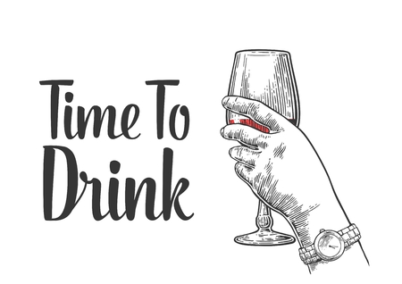 Female hand holding a glass of wine. Vintage vector engraving illustration for label, poster, invitation to a party. Time to drink.のイラスト素材