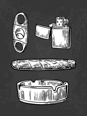Lighter, cigar, ashtray, guillotines for cigars. Vector vintage engraved black illustration isolated on dark background.のイラスト素材